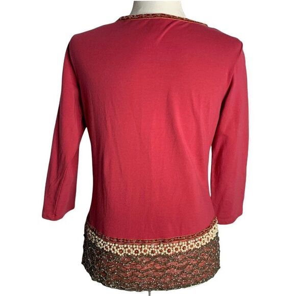 Moda International Beaded Knit Top M Pink 3/4 Sleeve V Neck Stretch Velvet Trim - Picture 5 of 7